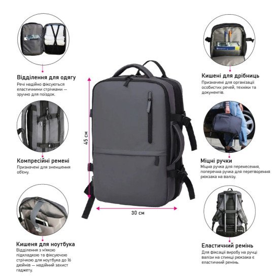 Рюкзак-сумка Nikibo Journey, колір сірий - 30012505-07