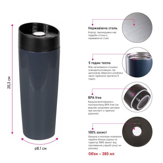 Термокружка 380 мл сталева Line Art Ofelia, вакуумна, колір графітовий/чорний - 60023522-11