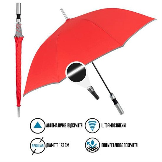 Парасоля-тростина автоматична Perletti Reflecting антивітер зі світловідбивачем, колір червоний - P96014-03 Парасоля-тростина автоматична Perletti Reflecting антивітер зі світловідбивачем, колір червоний - P96014-03