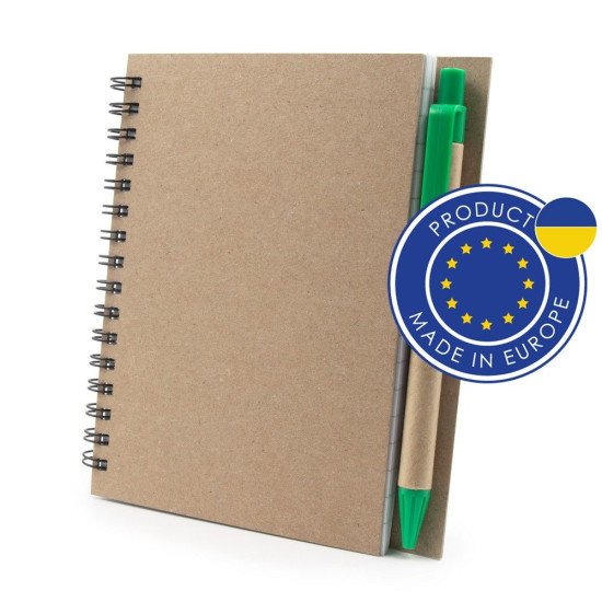 Блокнот в лінію на спіралі А6 Voyager Sidney, тверда обкладинка, з кульковою ручкою, колір зелений/коричневий - V9000-06